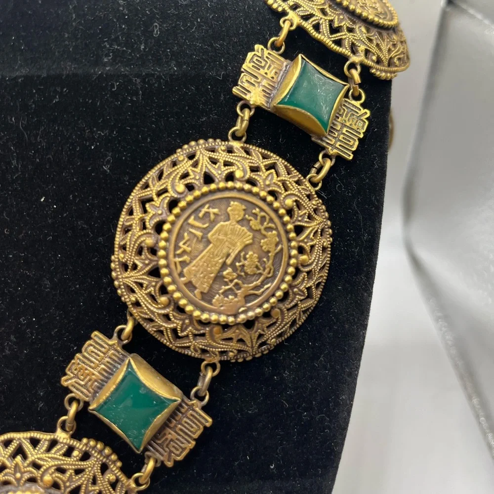 RARE Joseff Of Hollywood Necklace Asian Motif Faux Chrysoprase 32” long - Picture 2 of 14